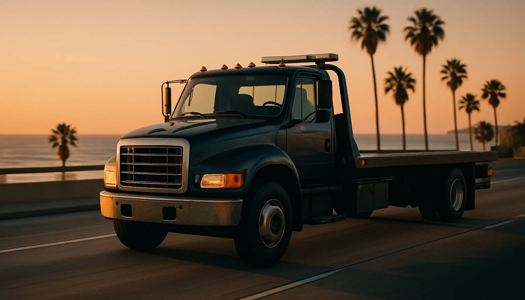 Navy flatbed tow truck on San Diego coastal road at golden hour with Pacific Ocean in background
